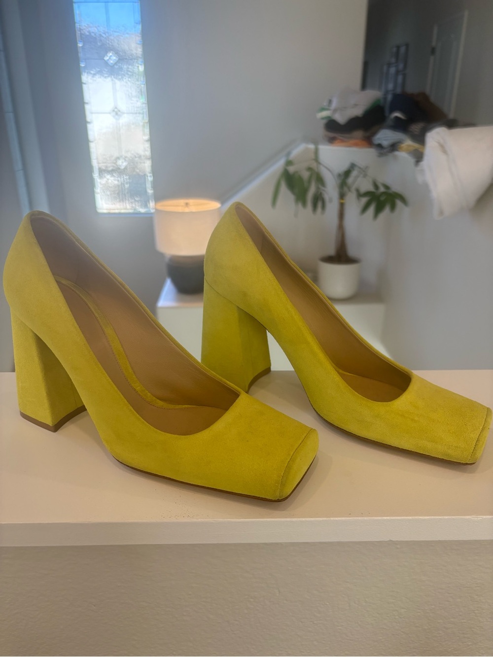 Bottega Veneta Women's Yellow Suede Block Heel Pumps